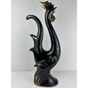 Vintage Sutton Rooster Figurine MCM Black & Gold Glossy Shelf Sitter 13" Country